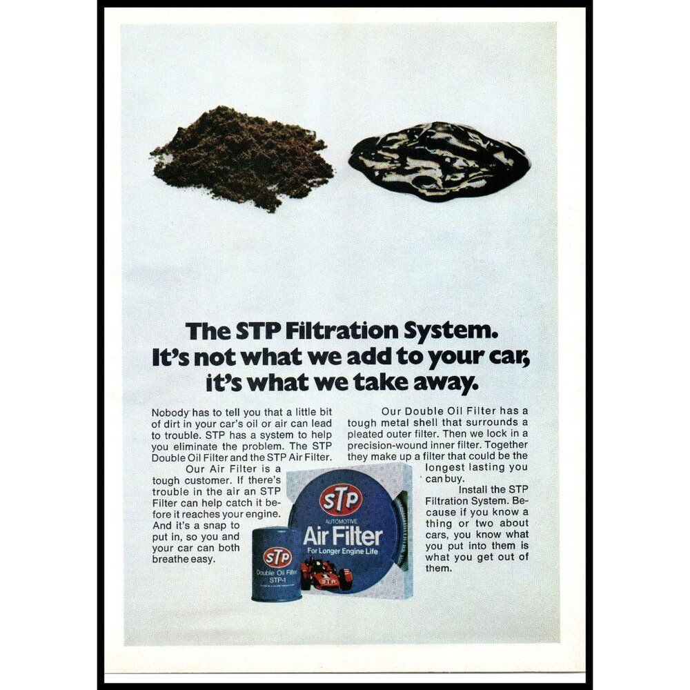 1975 STP Filtration Air Oil Filter Vintage Print Ad Carbon Sludge Wall Art 70s